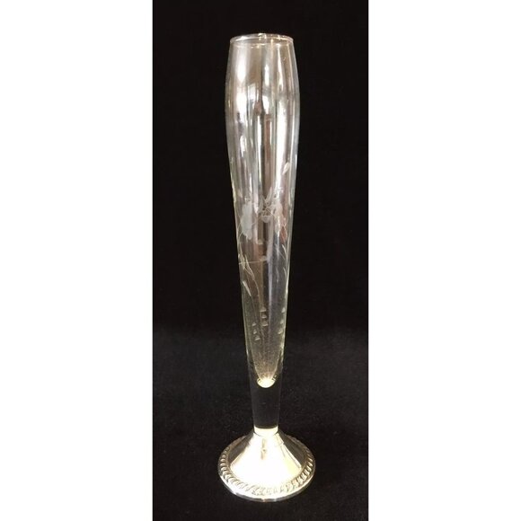 Vintage DUCHIN CREATION Etched Glass Bud Vase with Weighted Sterling Base 10"H - Picture 1 of 6